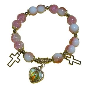 Hand Crafted Glass Beaded Bracelet Pink O/S Stretchy Cross Charms NEW